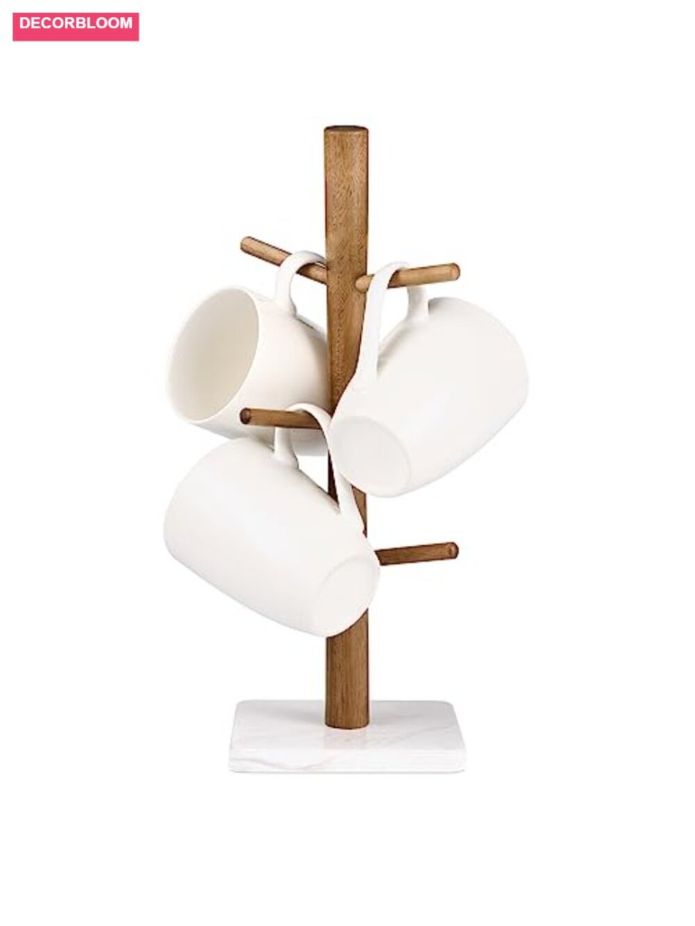 Acacia Wood & Marble Base 6 Hook Mug Tree Holder